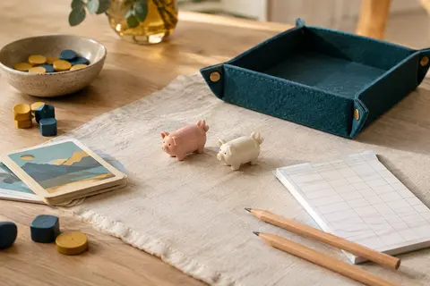 Deux cochons en plastique, un bloc de score et des crayons près de leur étui sur une table claire.