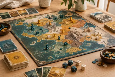 Plateau de conquête fantasy avec pions, cartes et dés disposés sur une table en bois clair.