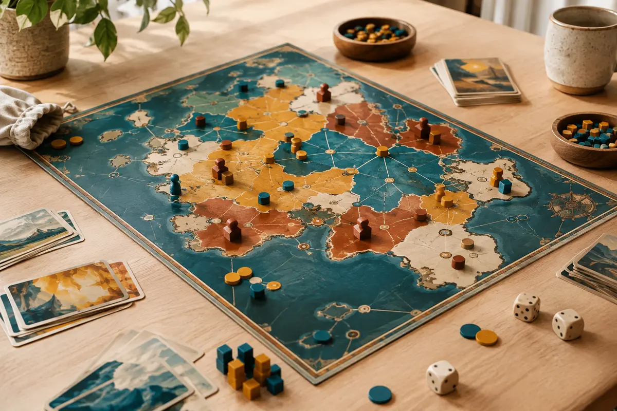 Plateau de conquête aux zones colorées, accompagné de cartes et de pions sur une table en bois clair