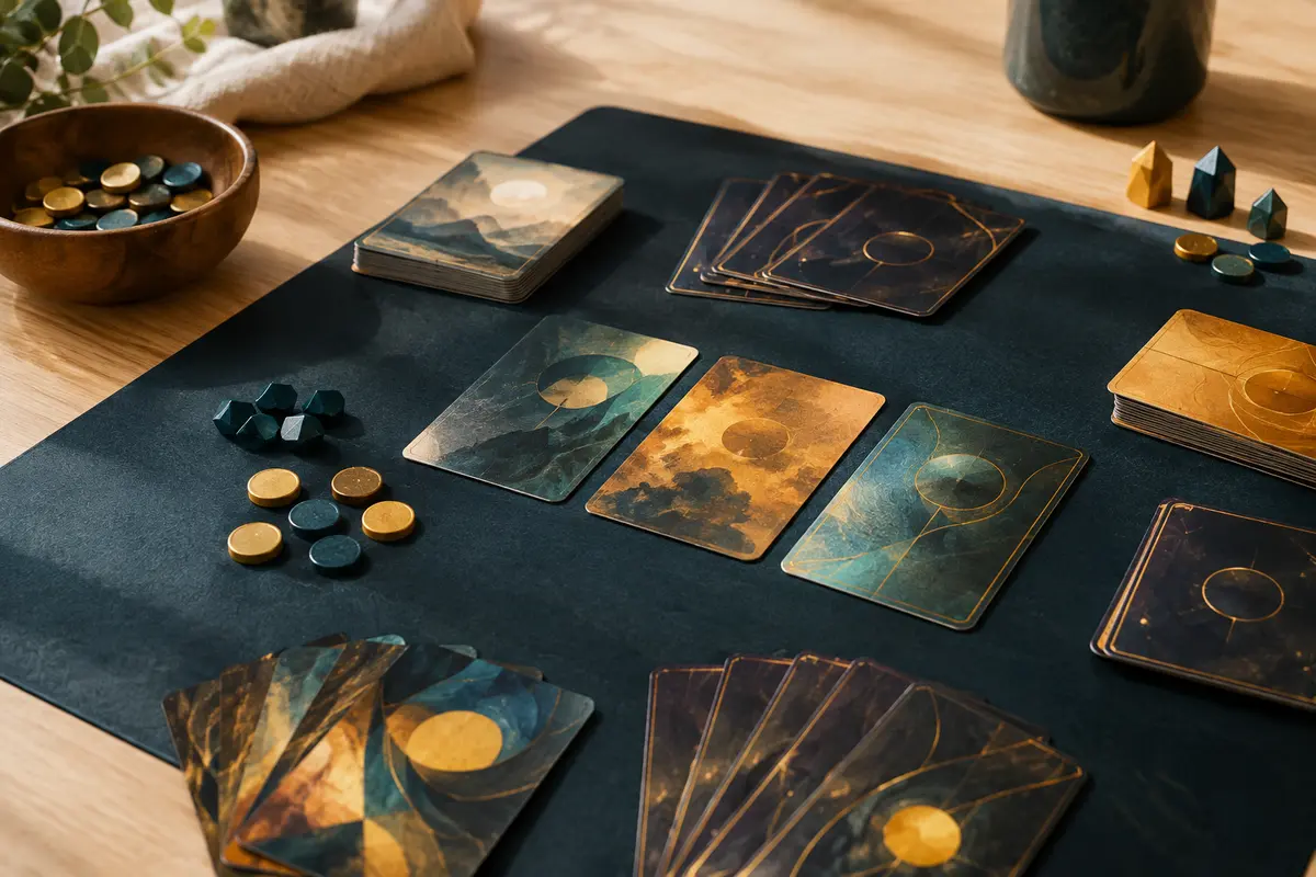 Jeu de deckbuilding avec cartes aux reflets métalliques et tapis en néoprène sur une table en bois clair