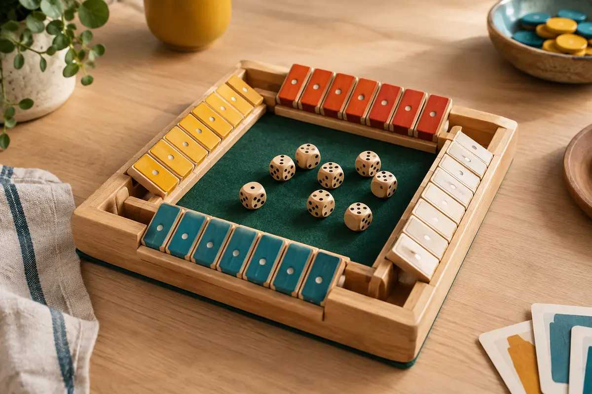 Plateau Shut the Box en bois avec volets colorés et dés, posé sur une table claire