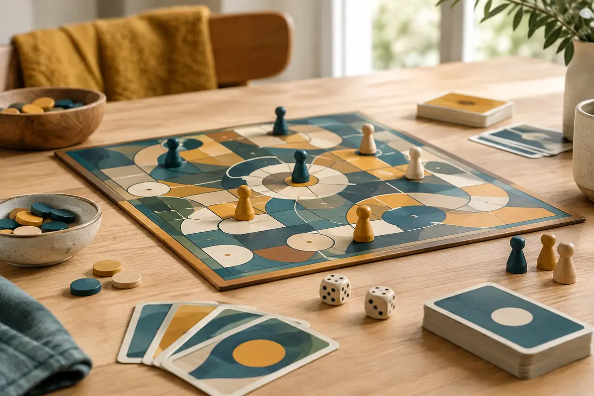 Jeux de société disposés sur une table claire, entre cartes, pions et dés